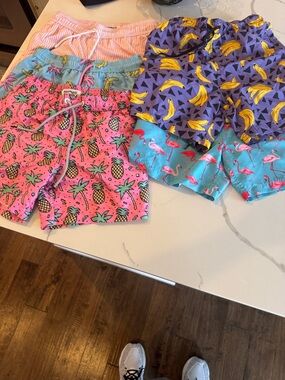 Mens Tropical Print Swim Trunks - Pink Pineapple & Flamingo Styles